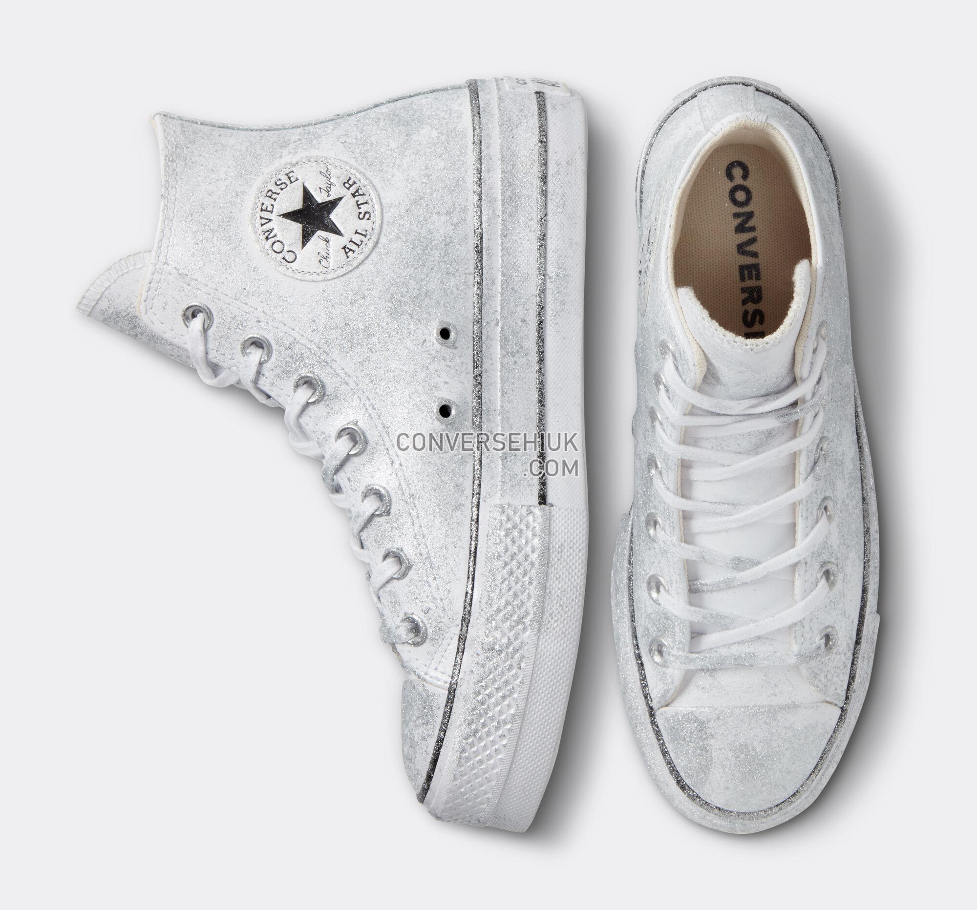 Converse Chuck Taylor All Star Lift Platform Luxe Leather Silver Glitter A05085C Shoes