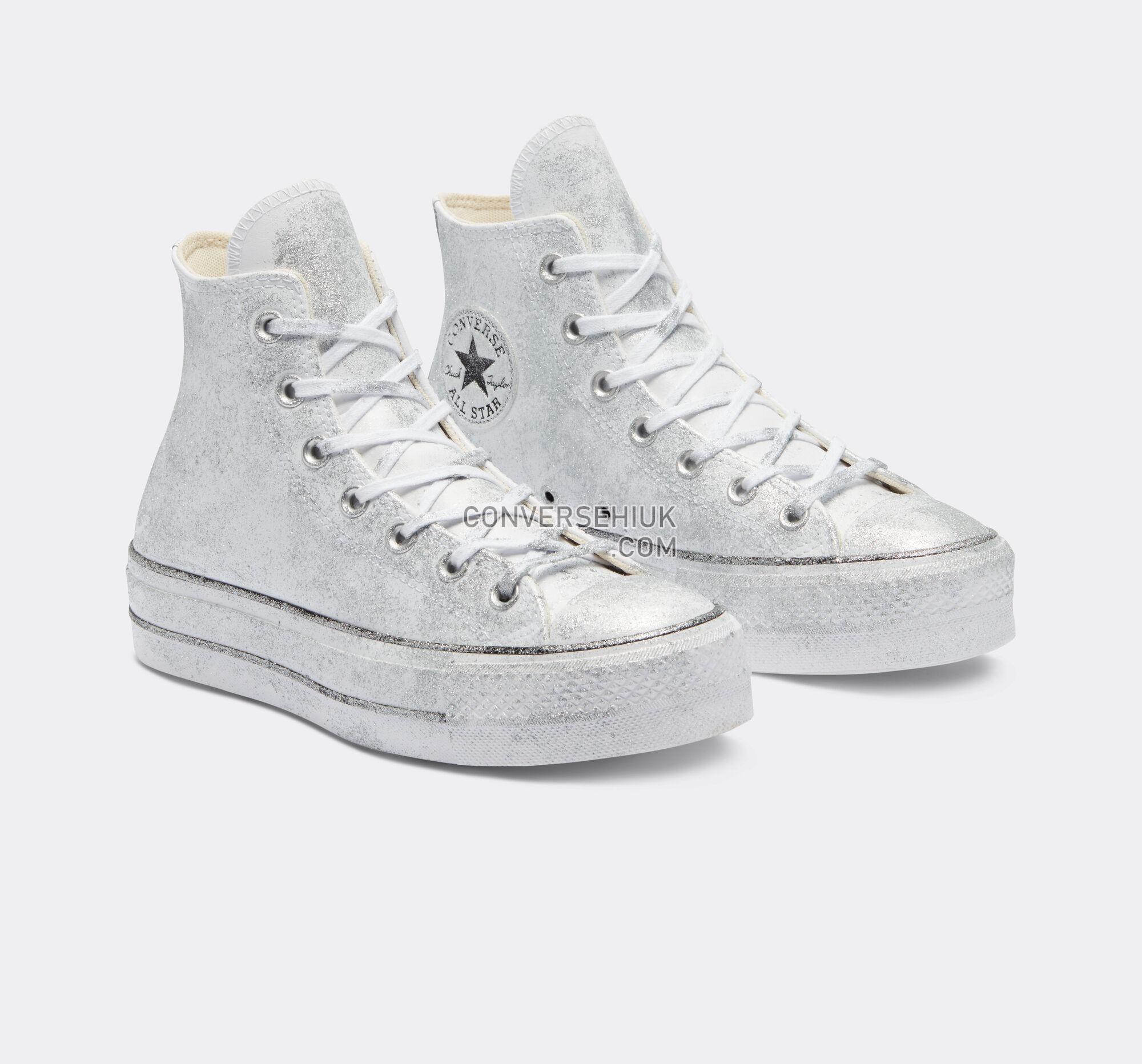 Converse Chuck Taylor All Star Lift Platform Luxe Leather Silver Glitter A05085C Shoes